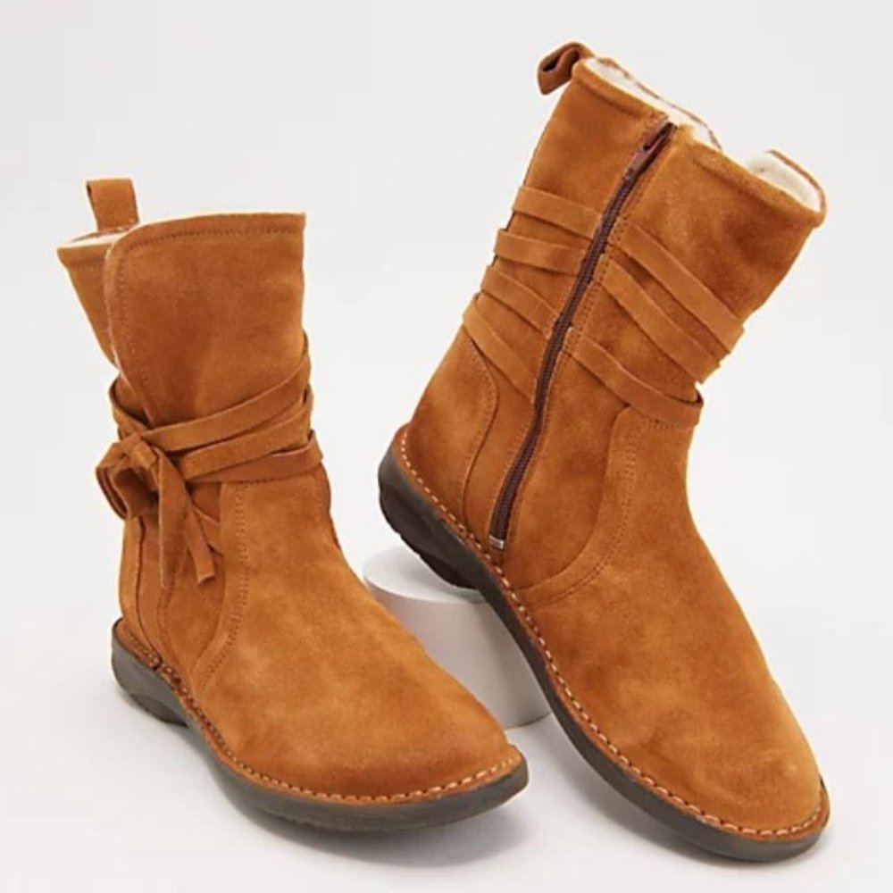 Miz Mooz Suede Wool Lined Ankle Boots - Prance - Wide Width 7W Brandy Color